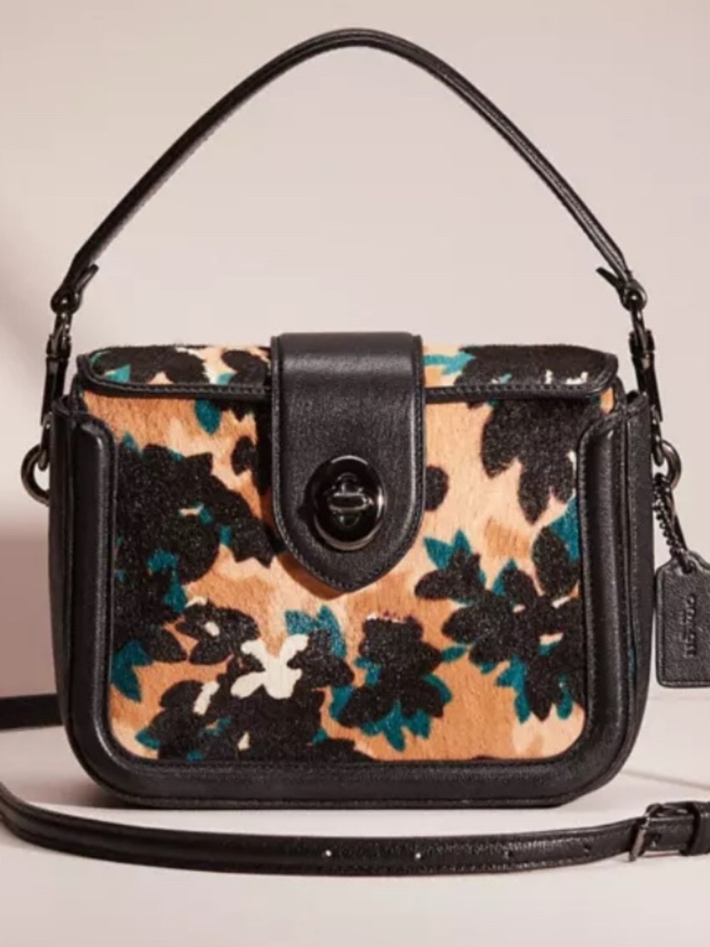 Coach Page Black, Tan and Teal Floral Haircalf Turnlock Crossbody